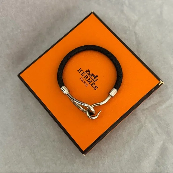 Hermès AUTHENTIC Silver & Black Leather Jumbo Hook Braided Tour Bracelet. - Picture 3 of 16